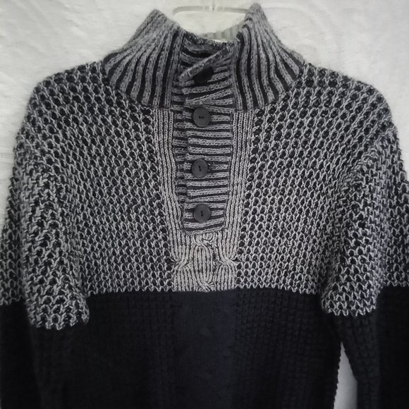 Vintage Blue Cable Knit Thick Button Down Turtleneck Sweater Size LG (T-338) - Picture 4 of 13